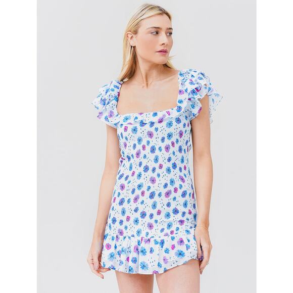 LoveShackFancy Kodie Deep Cotton Candy Smocked Floral Print Mini Dress Size L - Picture 1 of 7